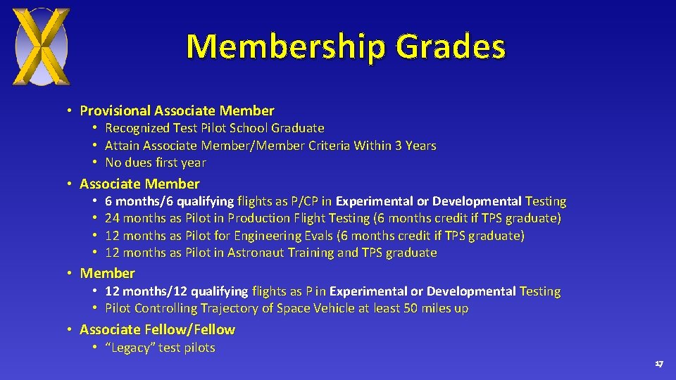 Membership Grades • Provisional Associate Member • Recognized Test Pilot School Graduate • Attain