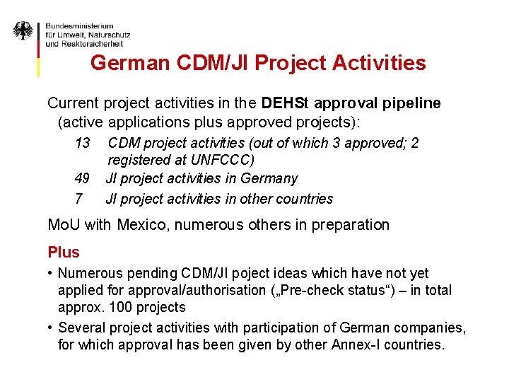 German CDM/JI Project Activities Current project activities in the DEHSt approval pipeline (active applications