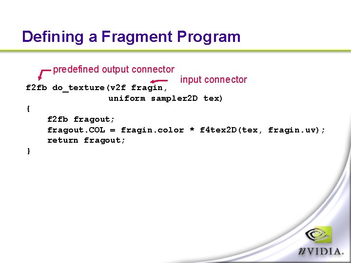 Defining a Fragment Program predefined output connector input connector f 2 fb do_texture(v 2