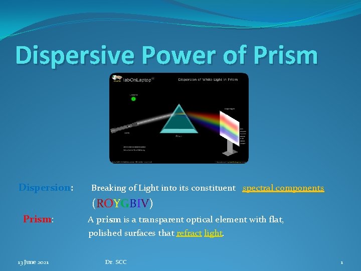 Dispersive Power of Prism Dispersion: Breaking of Light into its constituent spectral components (ROYGBIV)