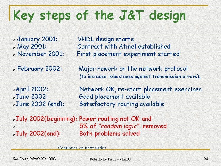 Key steps of the J&T design January 2001: ✔ May 2001: ✔ November 2001: