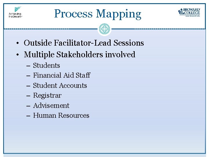Process Mapping • Outside Facilitator-Lead Sessions • Multiple Stakeholders involved – – – Students