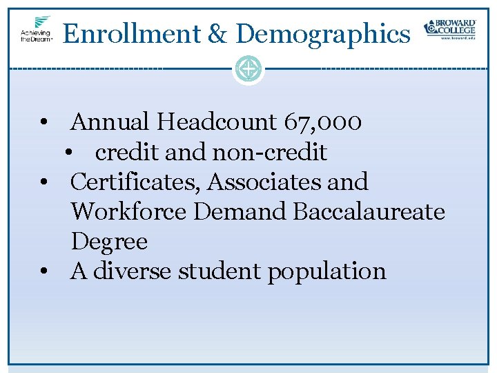 Enrollment & Demographics • Annual Headcount 67, 000 • credit and non-credit • Certificates,