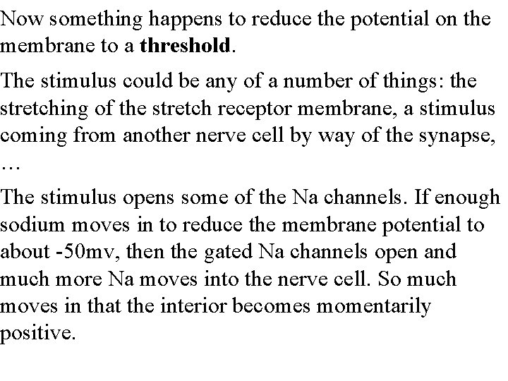 Now something happens to reduce the potential on the membrane to a threshold. The