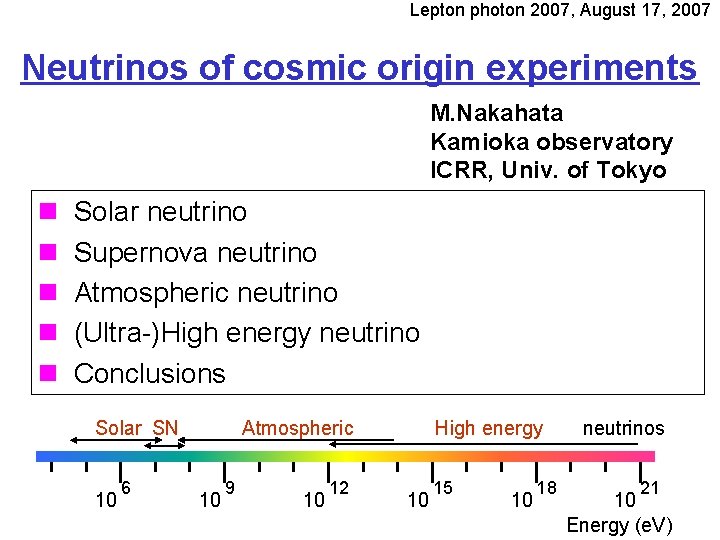 Lepton photon 2007, August 17, 2007 Neutrinos of cosmic origin experiments M. Nakahata Kamioka
