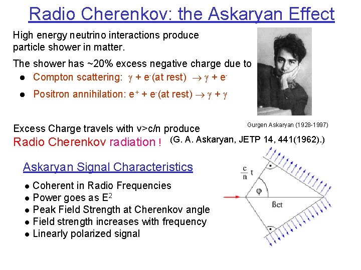 Radio Cherenkov: the Askaryan Effect High energy neutrino interactions produce particle shower in matter.