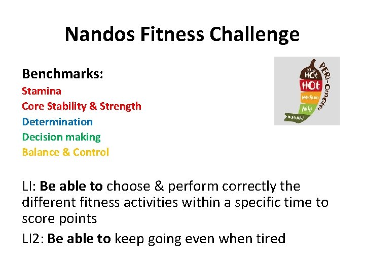 Nandos Fitness Challenge Benchmarks: Stamina Core Stability & Strength Determination Decision making Balance &