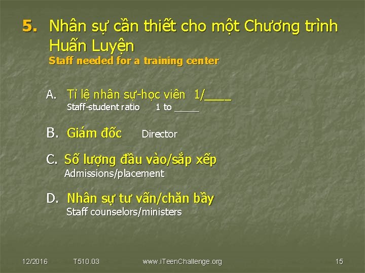 5. Nhân sự cần thiết cho một Chương trình Huấn Luyện Staff needed for