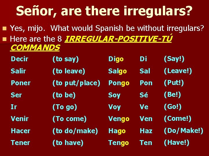 Señor, are there irregulars? Yes, mijo. What would Spanish be without irregulars? n Here