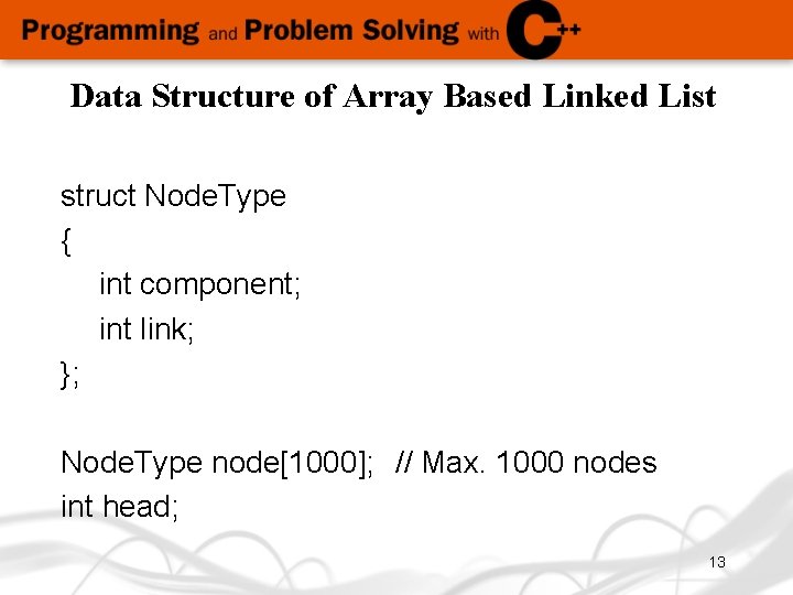 Data Structure of Array Based Linked List struct Node. Type { int component; int