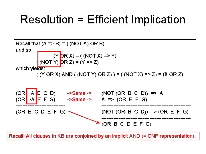 Resolution = Efficient Implication Recall that (A => B) = ( (NOT A) OR