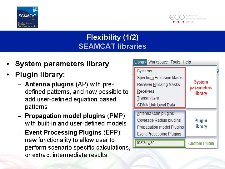 Flexibility (1/2) SEAMCAT libraries • System parameters library • Plugin library: – Antenna plugins