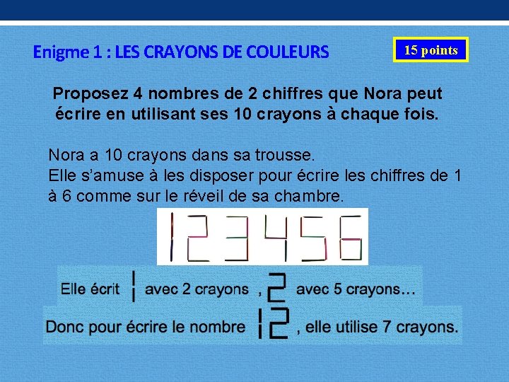 Enigme 1 : LES CRAYONS DE COULEURS 15 points Proposez 4 nombres de 2