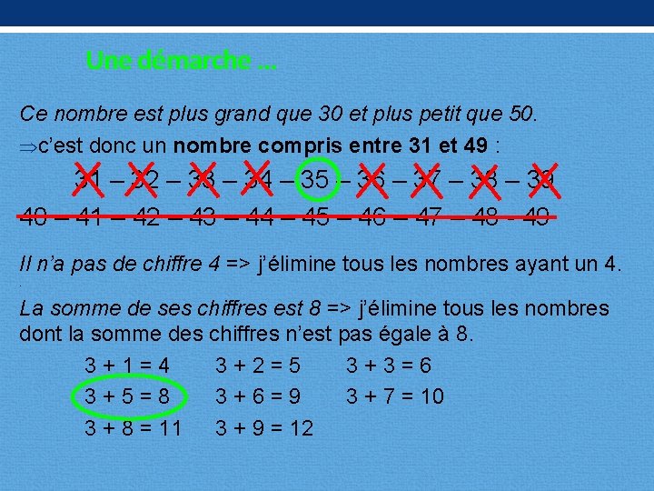 Une démarche … Ce nombre est plus grand que 30 et plus petit que