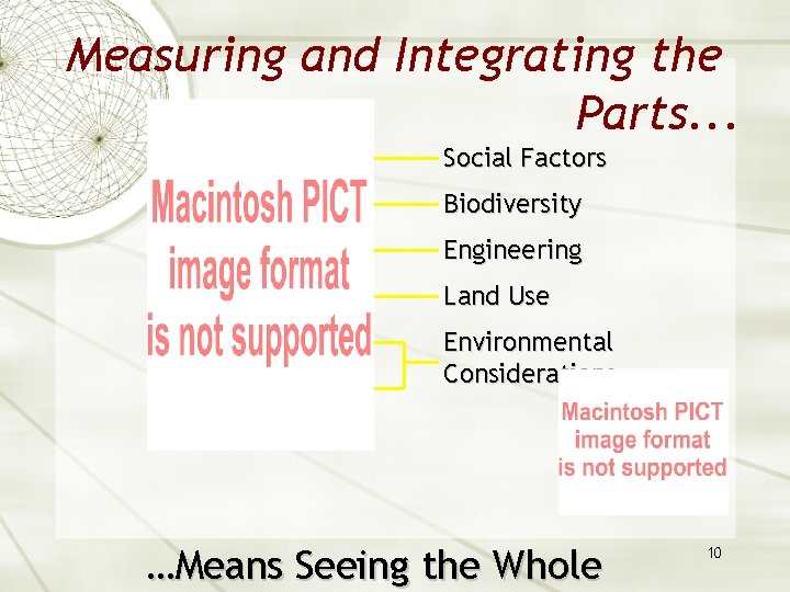 Measuring and Integrating the Parts. . . Social Factors Biodiversity Engineering Land Use Environmental