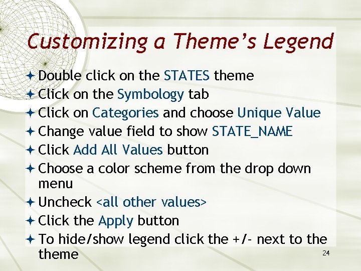 Customizing a Theme’s Legend Double click on the STATES theme Click on the Symbology