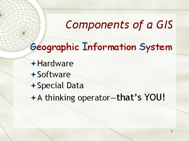 Components of a GIS Geographic Information System Hardware Software Special Data A thinking operator—that’s