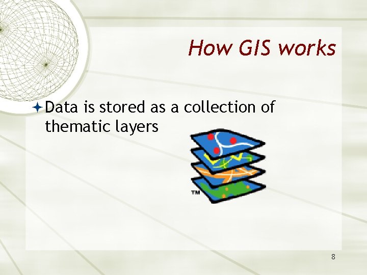 How GIS works Data is stored as a collection of thematic layers 8 