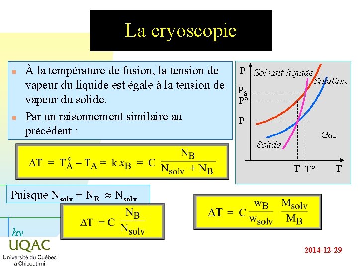 La cryoscopie n n À la température de fusion, la tension de vapeur du La cryoscopie n n À la température de fusion, la tension de vapeur du
