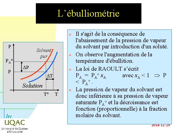 L’ébulliométrie n P PA° P Solvant pur n DP n DT Solution T° hn L’ébulliométrie n P PA° P Solvant pur n DP n DT Solution T° hn