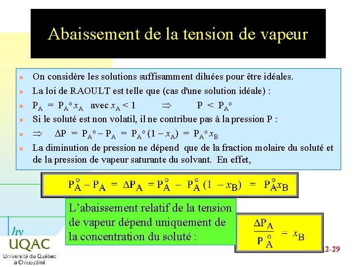 Abaissement de la tension de vapeur n n n hn On considère les solutions Abaissement de la tension de vapeur n n n hn On considère les solutions