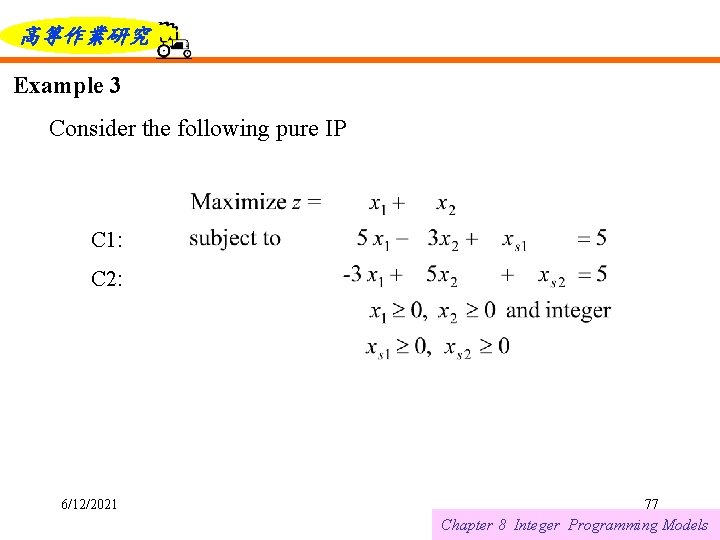 高等作業研究 Example 3 Consider the following pure IP C 1: C 2: 6/12/2021 77