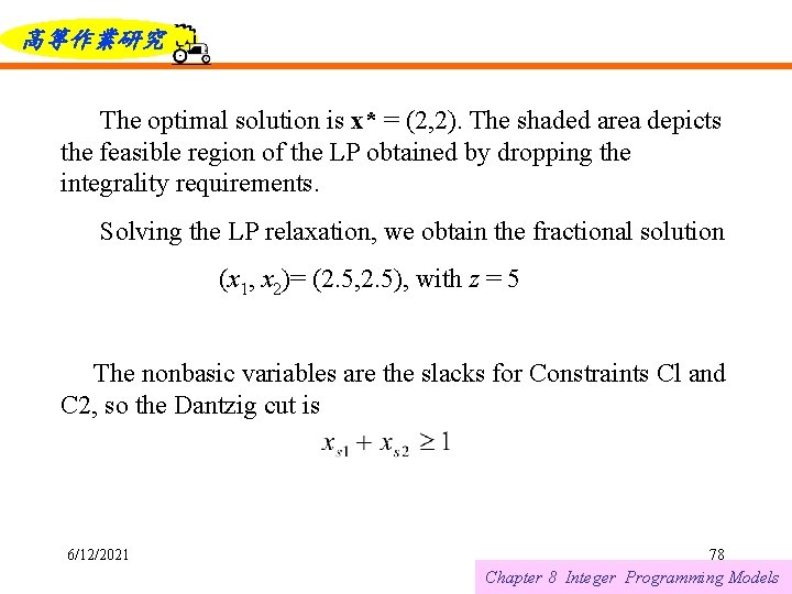 高等作業研究 The optimal solution is x* = (2, 2). The shaded area depicts the
