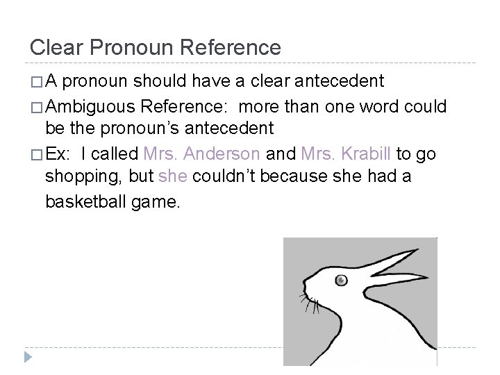 Clear Pronoun Reference �A pronoun should have a clear antecedent � Ambiguous Reference: more