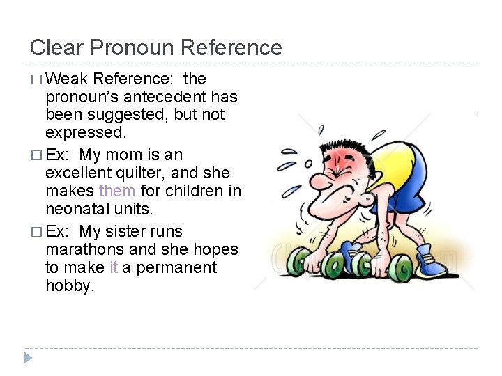 Clear Pronoun Reference � Weak Reference: the pronoun’s antecedent has been suggested, but not