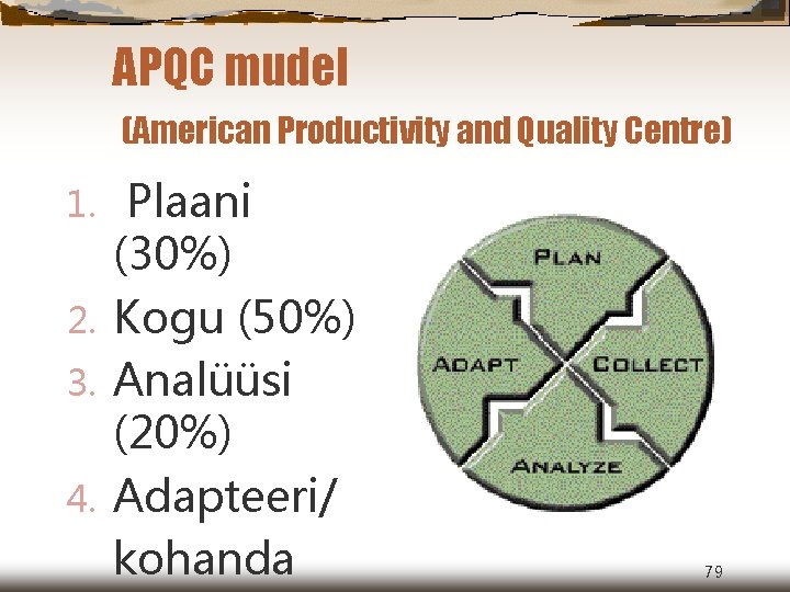 APQC mudel (American Productivity and Quality Centre) Plaani (30%) 2. Kogu (50%) 3. Analüüsi