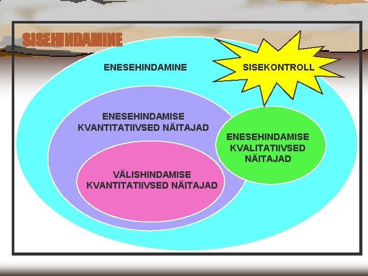 SISEHINDAMINE ENESEHINDAMISE KVANTITATIIVSED NÄITAJAD VÄLISHINDAMISE KVANTITATIIVSED NÄITAJAD SISEKONTROLL ENESEHINDAMISE KVALITATIIVSED NÄITAJAD 