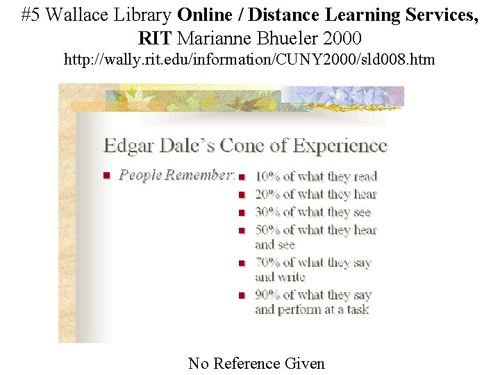 #5 Wallace Library Online / Distance Learning Services, RIT Marianne Bhueler 2000 http: //wally.