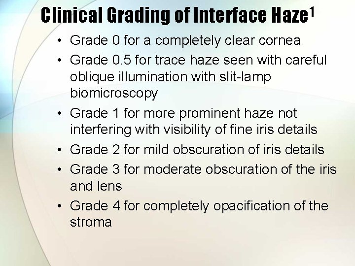 Clinical Grading of Interface Haze 1 • Grade 0 for a completely clear cornea