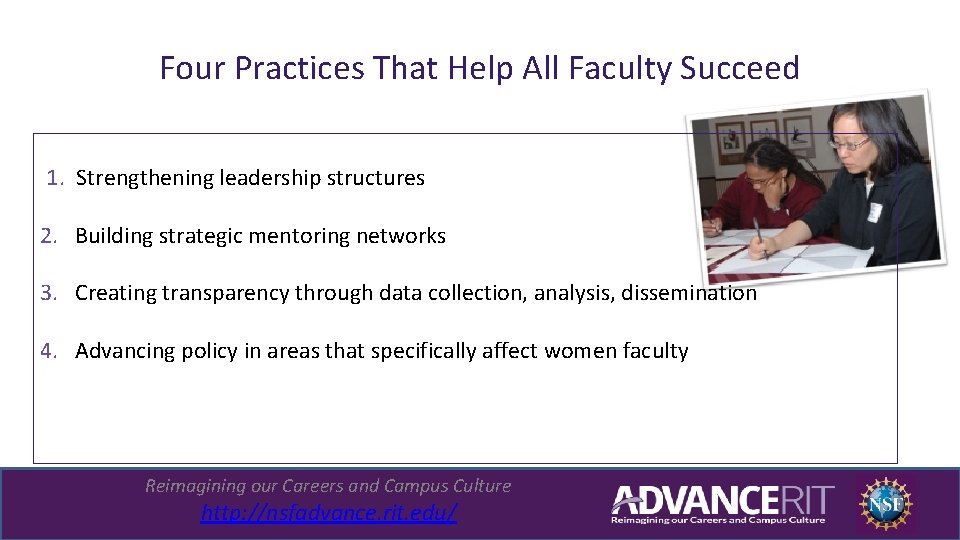 Four Practices That Help All Faculty Succeed 1. Strengthening leadership structures 2. Building strategic