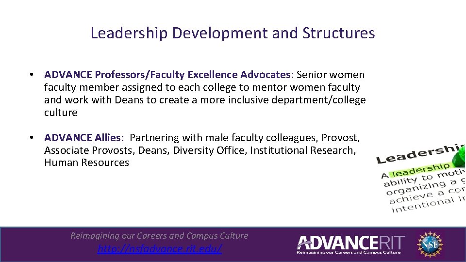 Leadership Development and Structures • ADVANCE Professors/Faculty Excellence Advocates: Senior women faculty member assigned