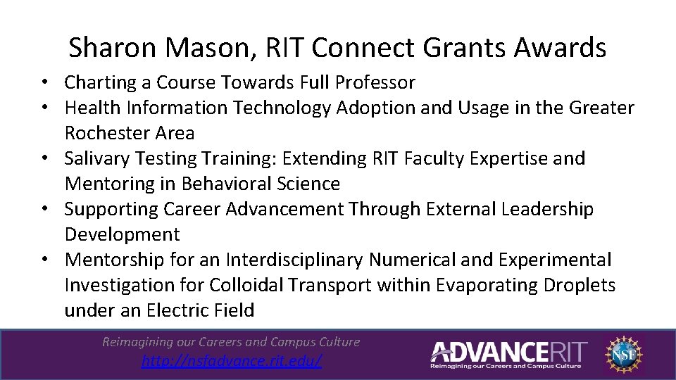 Sharon Mason, RIT Connect Grants Awards • Charting a Course Towards Full Professor •