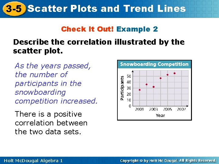 3 -5 Scatter Plots and Trend Lines Check It Out! Example 2 Describe the