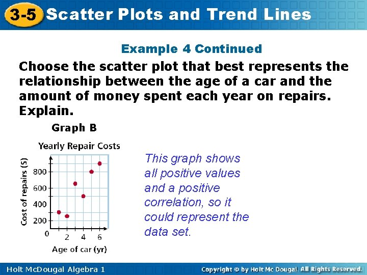 3 -5 Scatter Plots and Trend Lines Example 4 Continued Choose the scatter plot