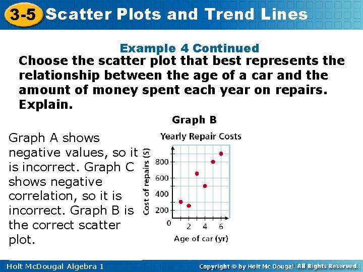 3 -5 Scatter Plots and Trend Lines Example 4 Continued Choose the scatter plot