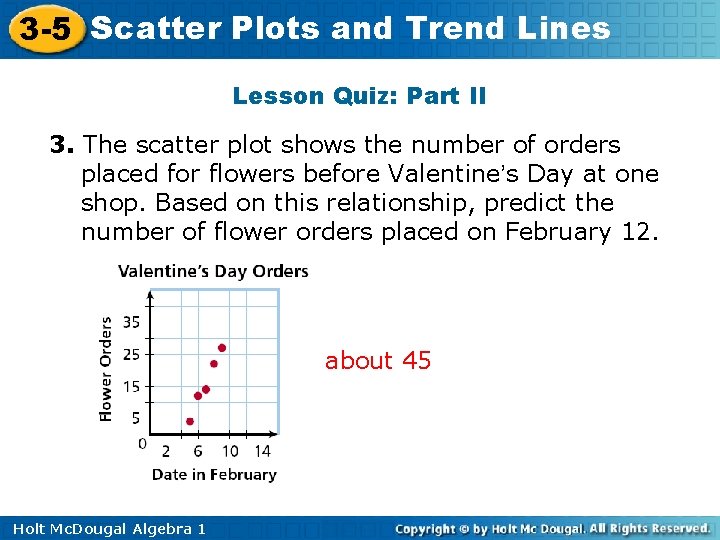 3 -5 Scatter Plots and Trend Lines Lesson Quiz: Part II 3. The scatter