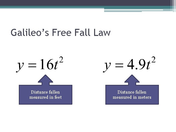 Galileo’s Free Fall Law Distance fallen measured in feet Distance fallen measured in meters