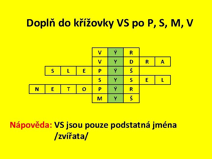 Doplň do křížovky VS po P, S, M, V S N E L T