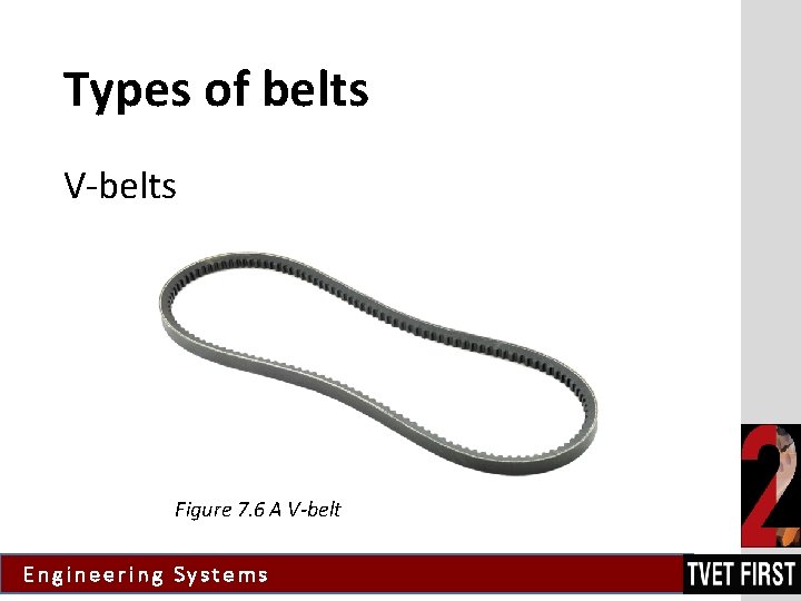 Types of belts V-belts Figure 7. 6 A V-belt Engineering Systems 