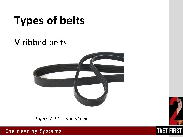 Types of belts V-ribbed belts Figure 7. 9 A V-ribbed belt Engineering Systems 