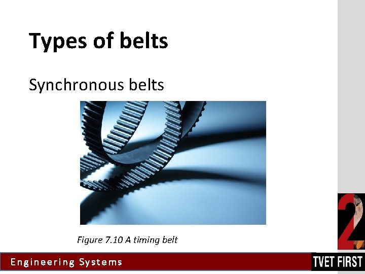 Types of belts Synchronous belts Figure 7. 10 A timing belt Engineering Systems 