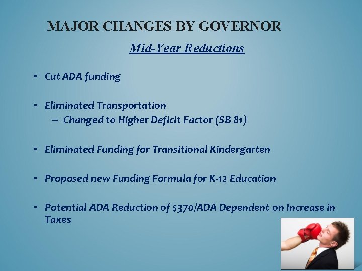 MAJOR CHANGES BY GOVERNOR Mid-Year Reductions • Cut ADA funding • Eliminated Transportation –