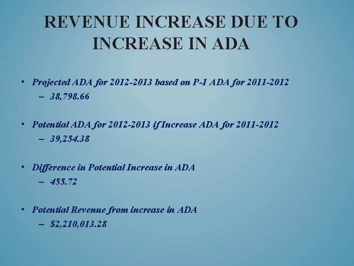 REVENUE INCREASE DUE TO INCREASE IN ADA • Projected ADA for 2012 -2013 based