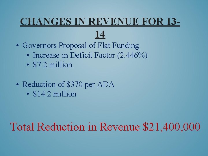 CHANGES IN REVENUE FOR 1314 • Governors Proposal of Flat Funding • Increase in