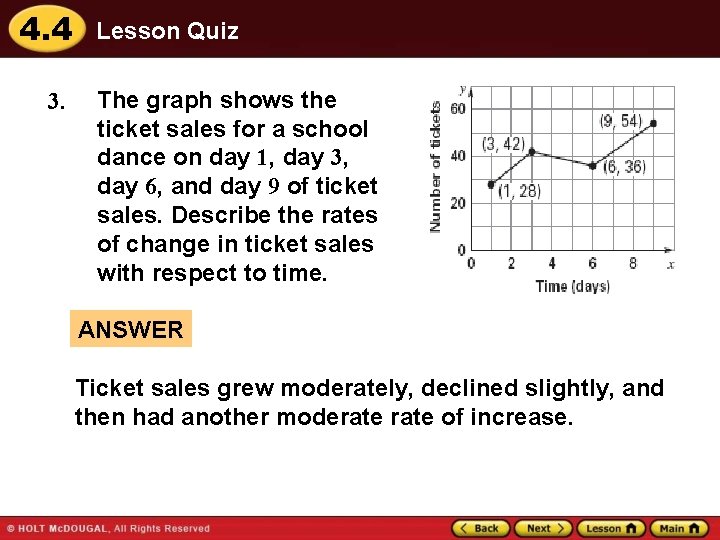 4. 4 3. Lesson Quiz The graph shows the ticket sales for a school