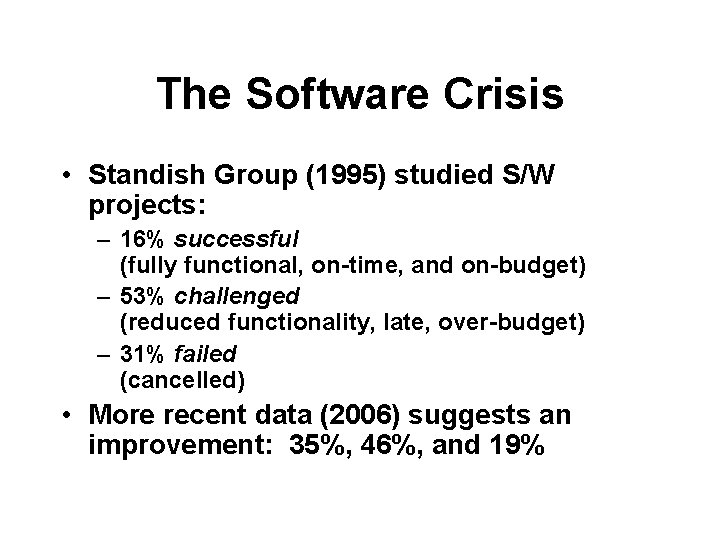 The Software Crisis • Standish Group (1995) studied S/W projects: – 16% successful (fully